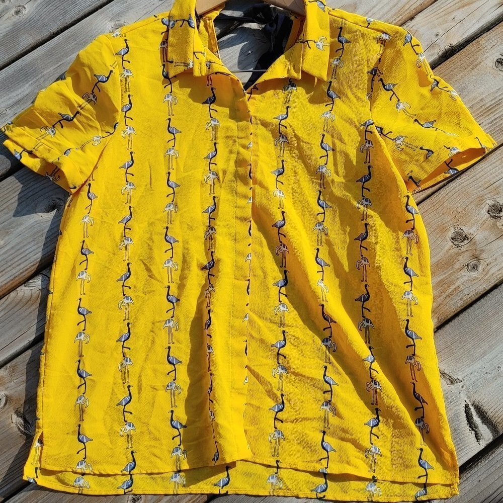 PRETTY Zara Basic Emu and Flamingo Printed Blouse Tie Neck Back Medium